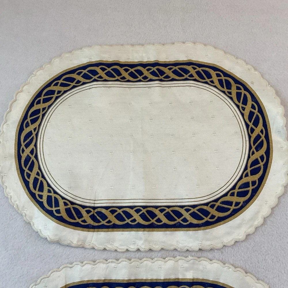 Lenox Hamilton Oval Placemats Cloth Set Of 2 Ivory Gold Navy Blue Vintage Lot #2